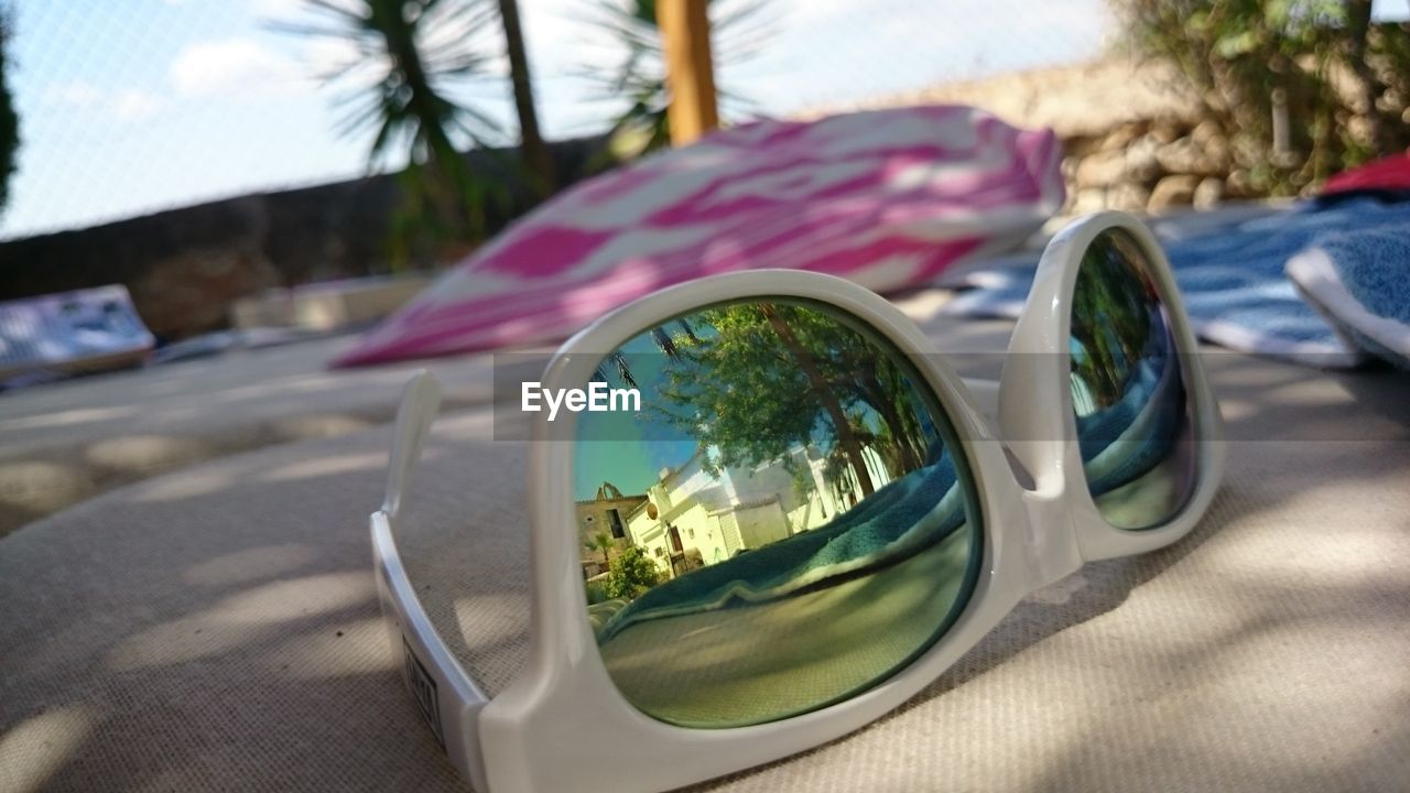 Reflection of trees on side-view mirror