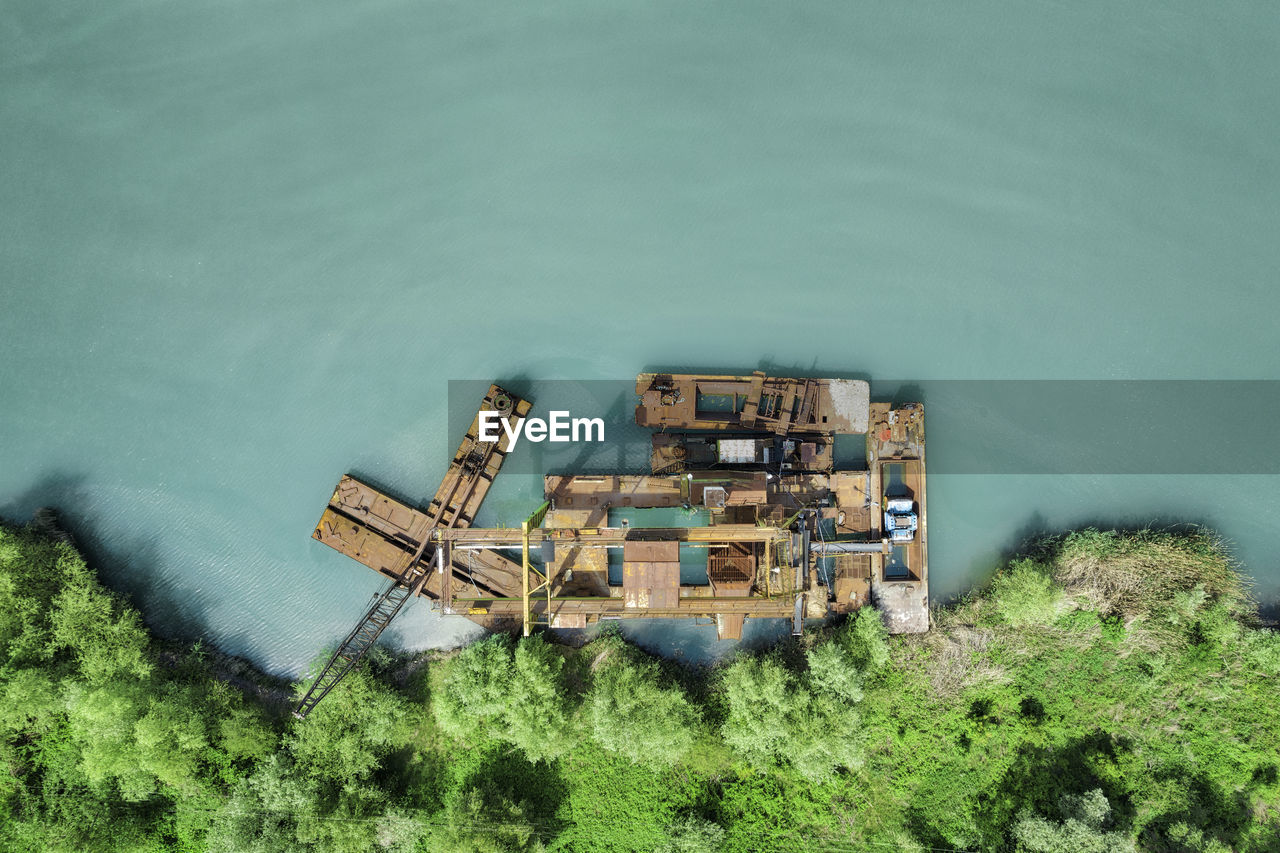 High angle view of abandoned ship on sea shore