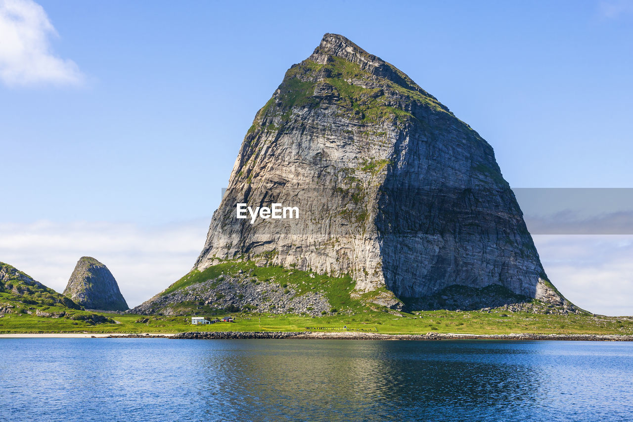 Traenstaven a famous mountain peak at sanna island in norway