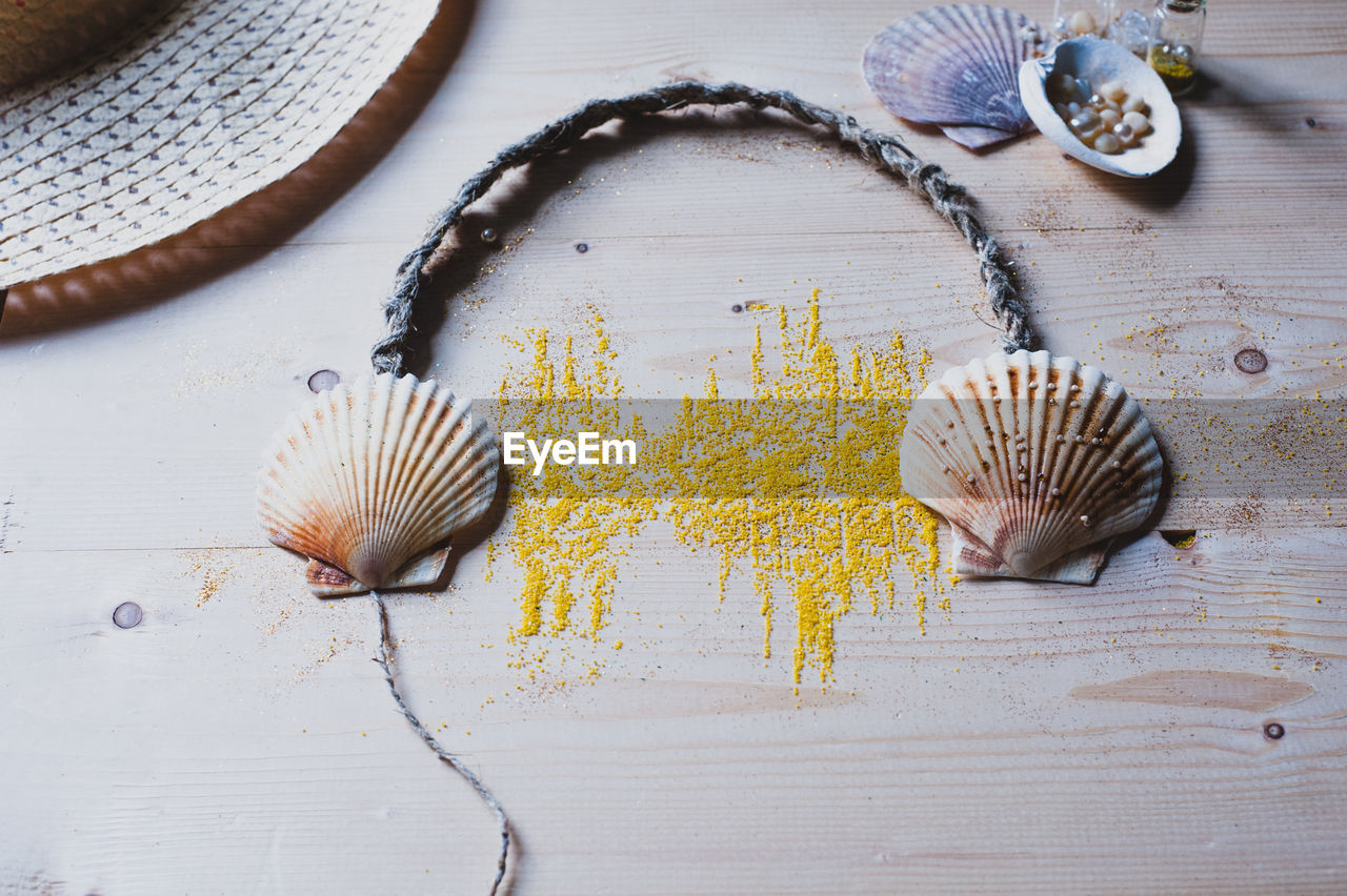 High angle view of headphones made with seashells and rope on table