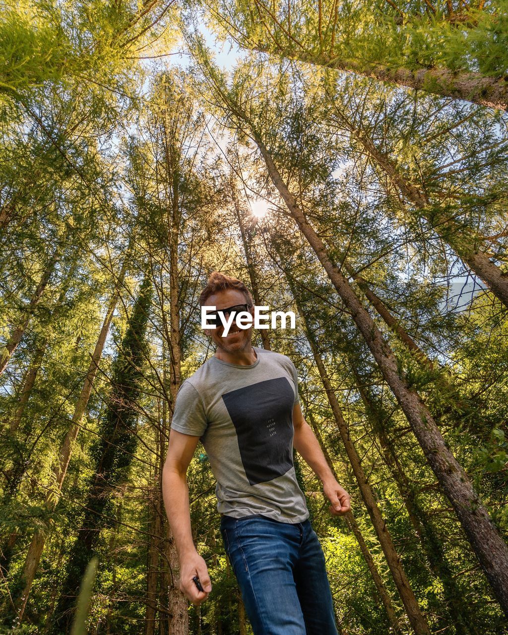 Low angle view of young man standing in forest