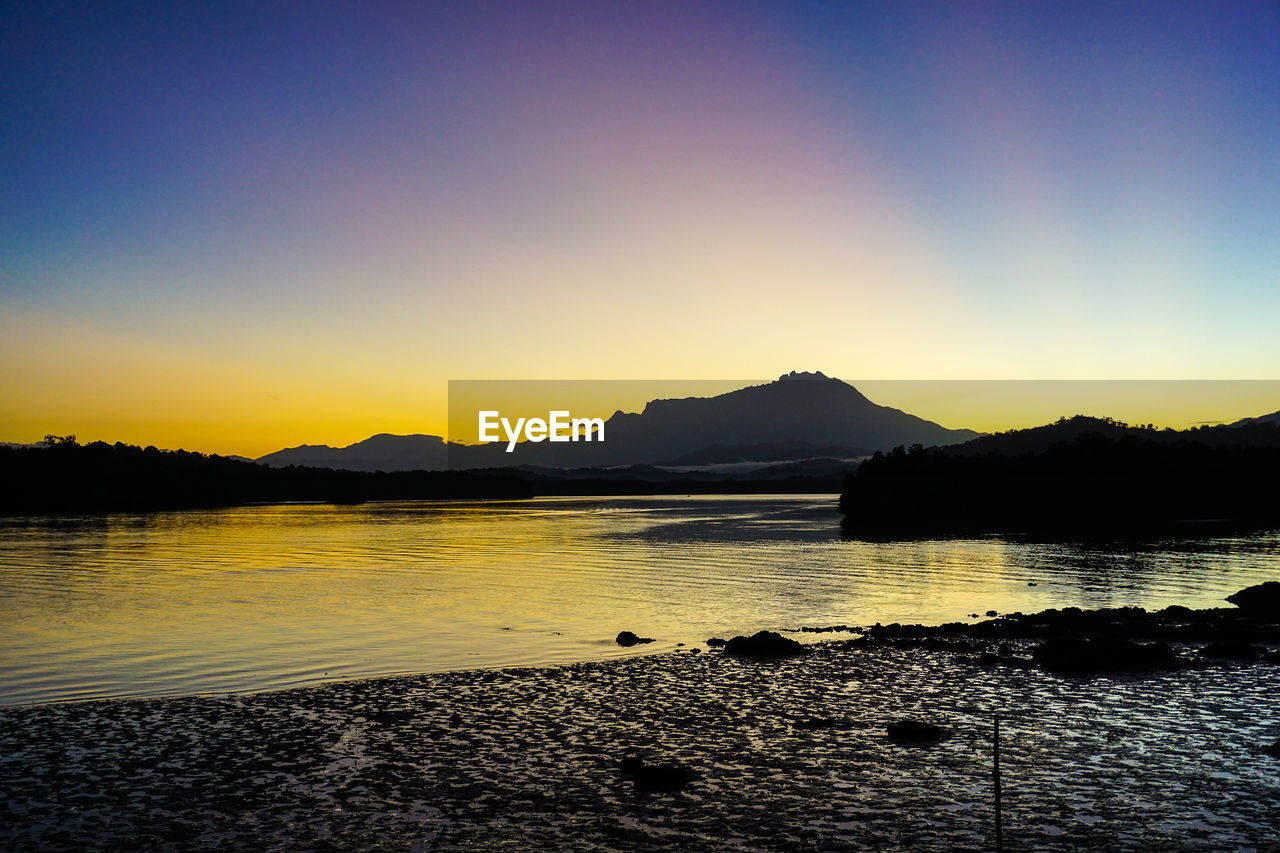 Scenic view of lake against sky during sunset