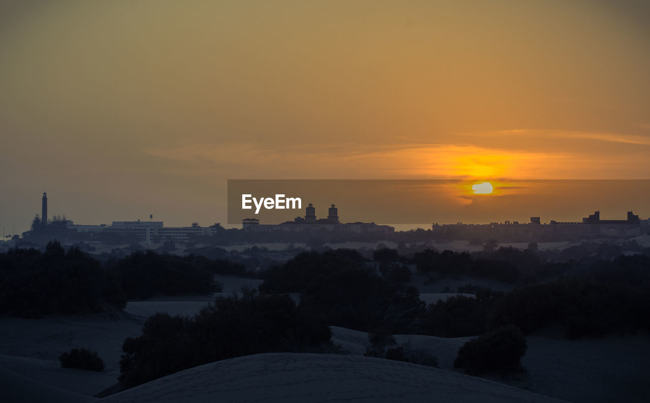 SCENIC VIEW OF SILHOUETTE TREES AGAINST ORANGE SKY