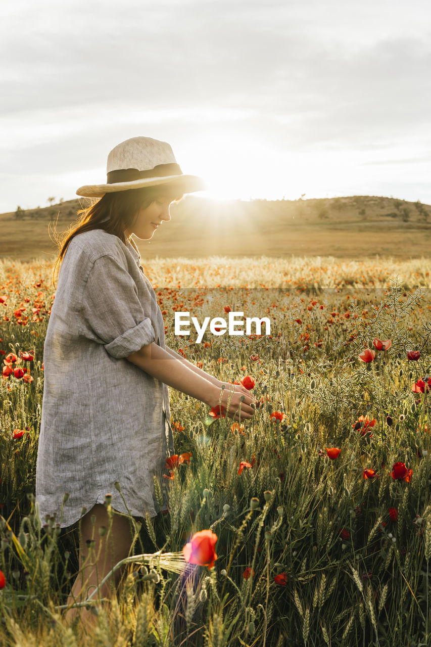 Woman wearing hat plucking flower in poppy field during sunny day