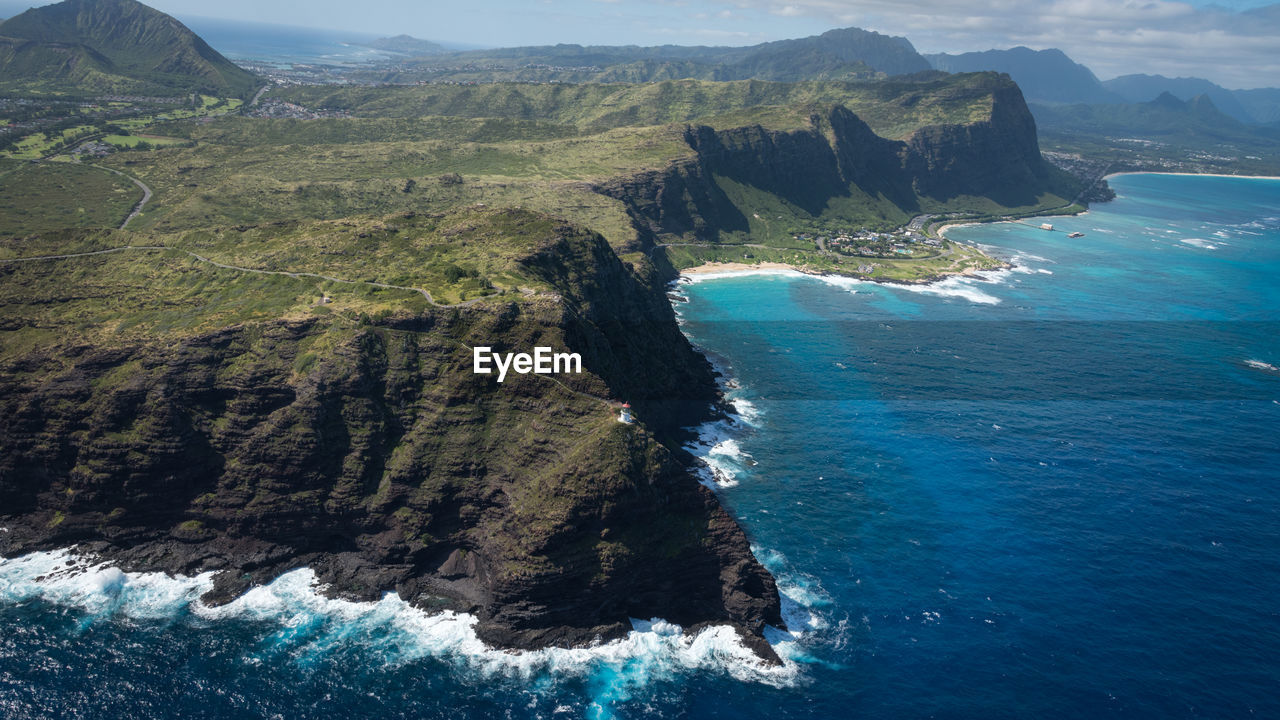 High angle view of sea and mountains