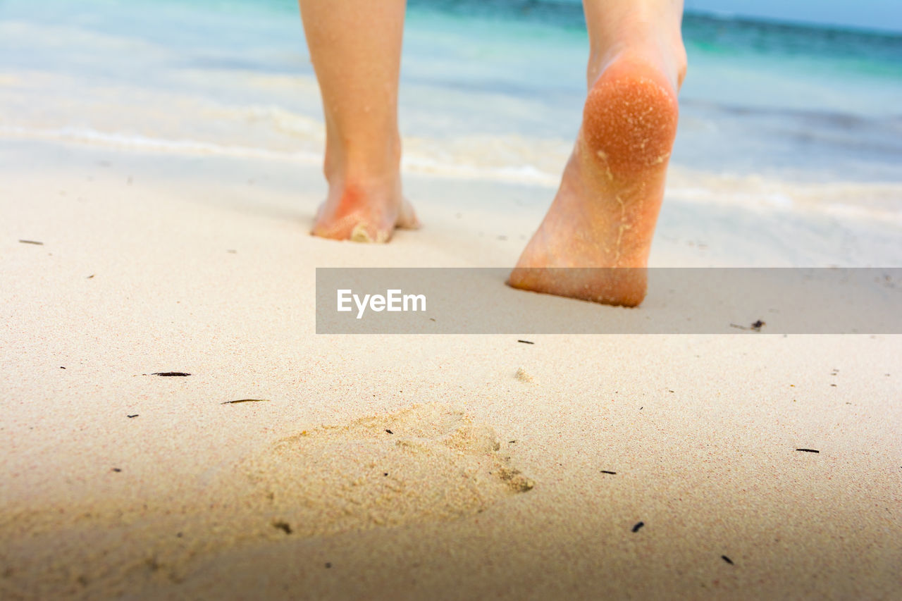 Low section of person walking on sand at beach