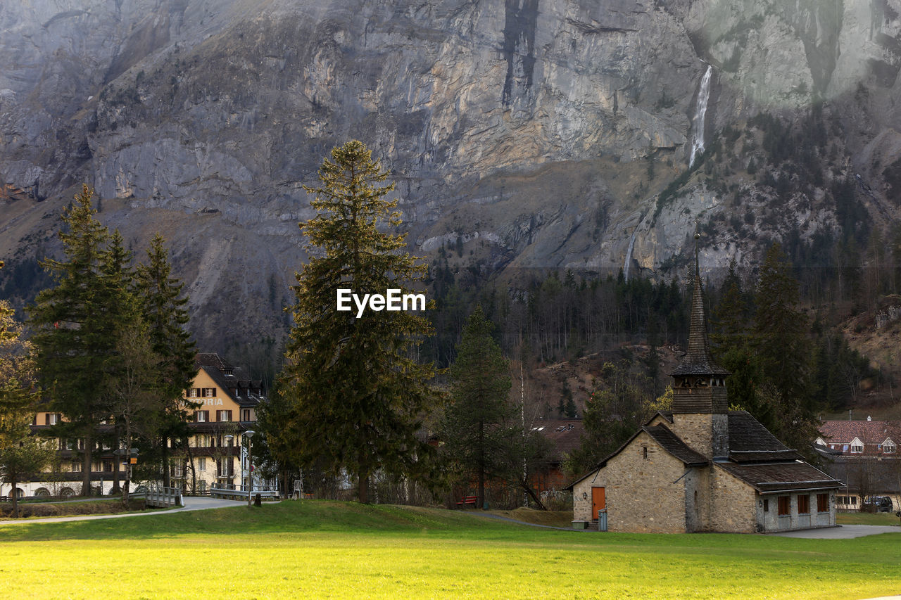 Trees and buildings against mountain