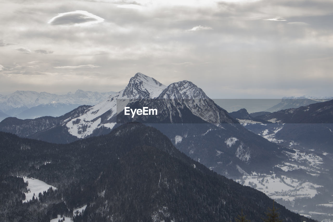 Scenic view of snowcapped mountains against sky