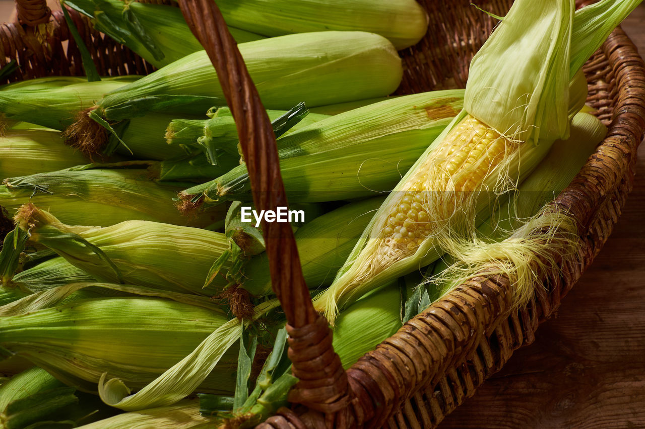 High angle view of corns on table