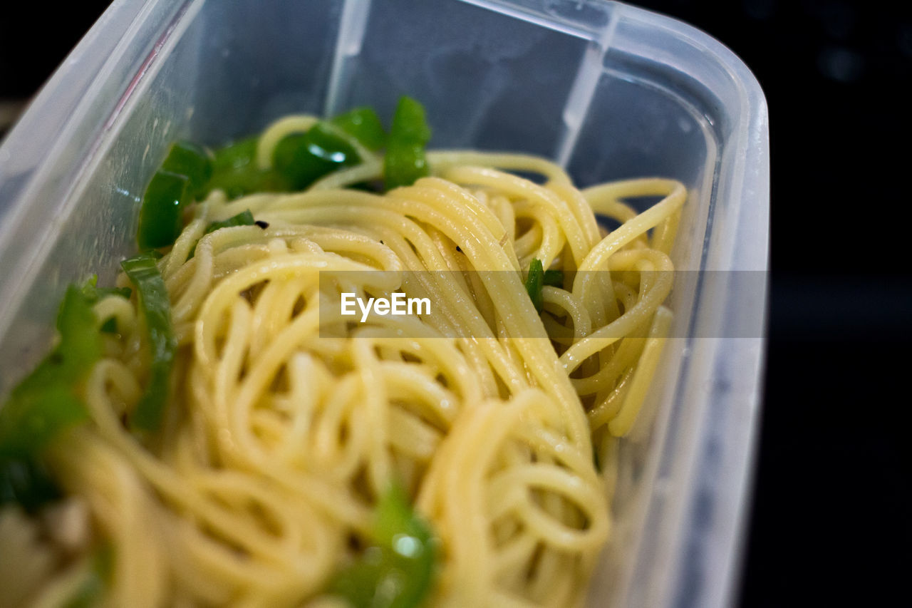 Close-up of spaghetti in container