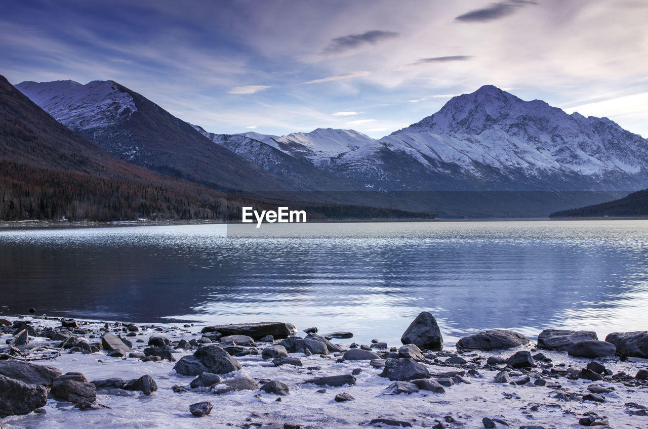 Scenic view of lake by mountains against sky