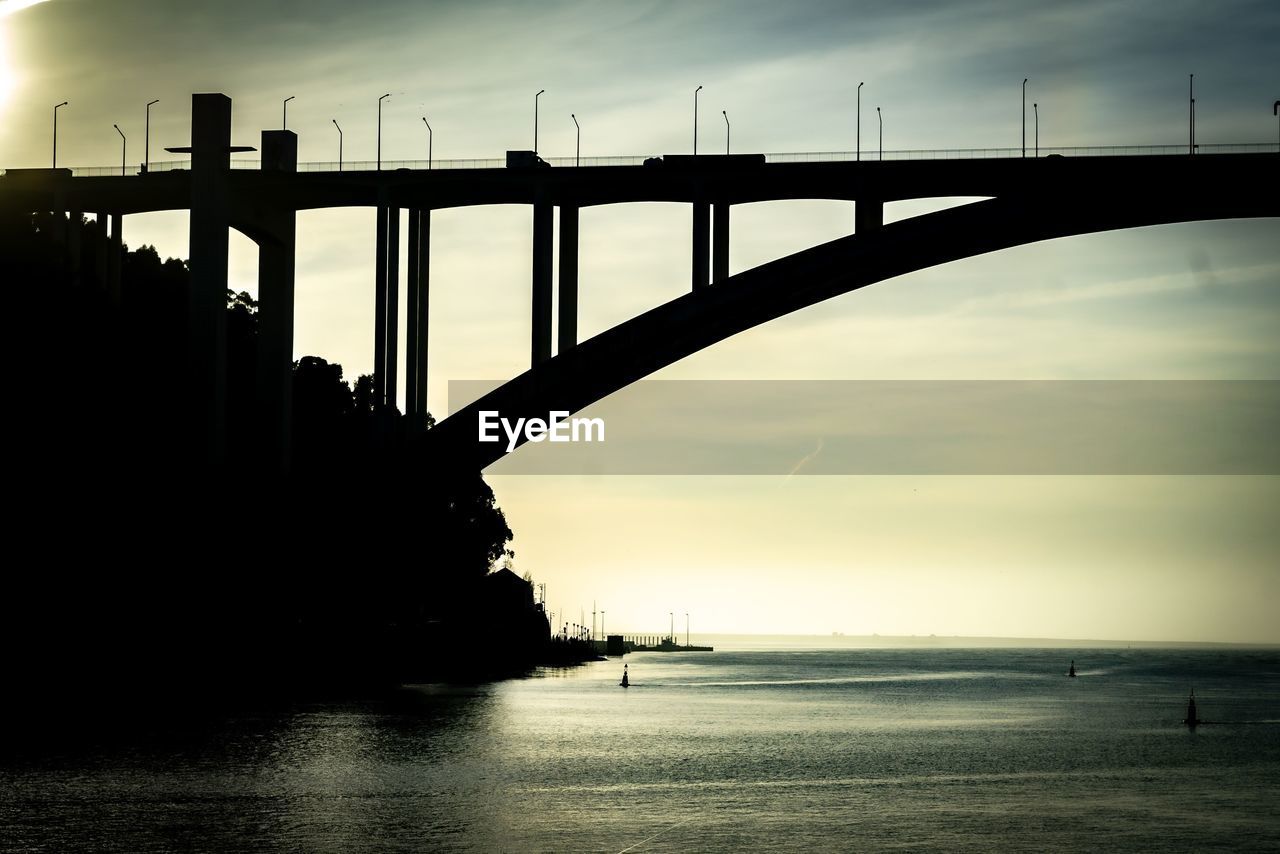 SILHOUETTE BRIDGE OVER SEA DURING SUNSET