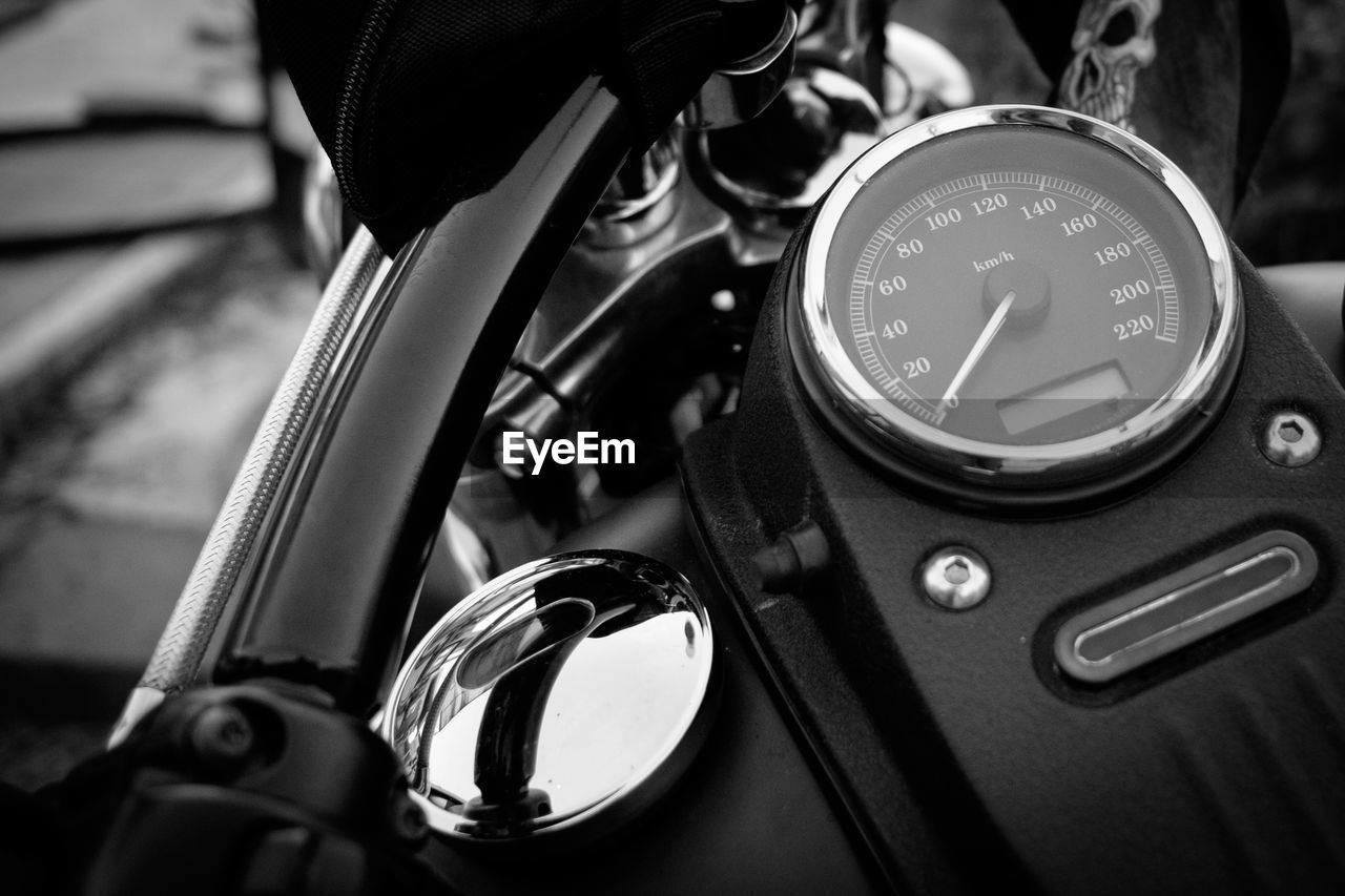 High angle view of speedometer on motorcycle