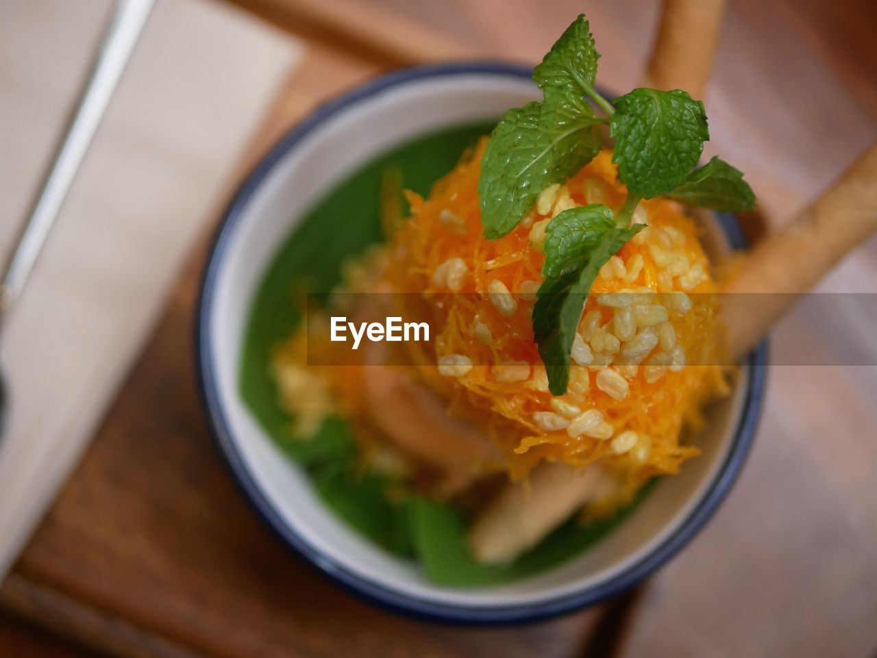 High angle view of food in bowl on table