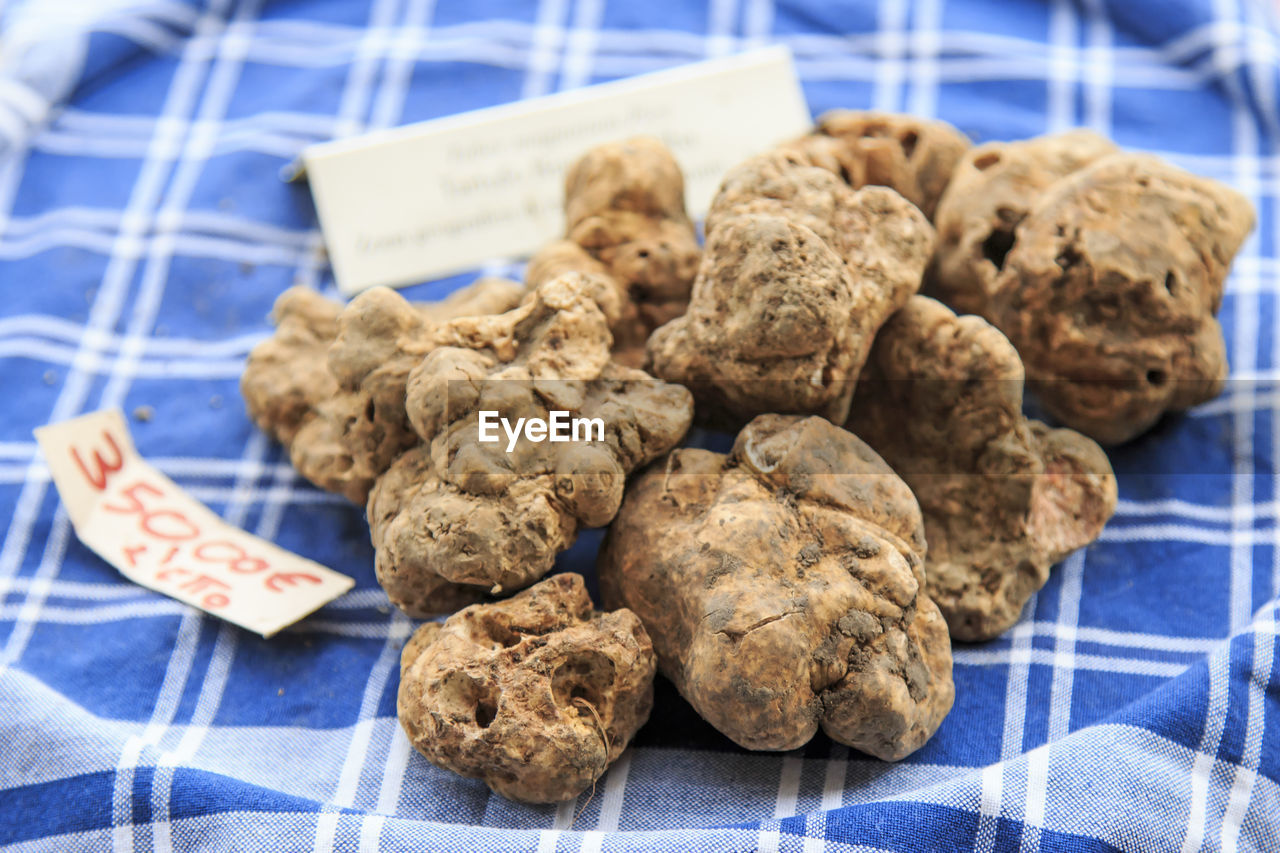 Close-up of white truffles on tablecloth