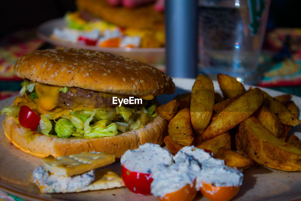 Close-up of burger and french fries on plate