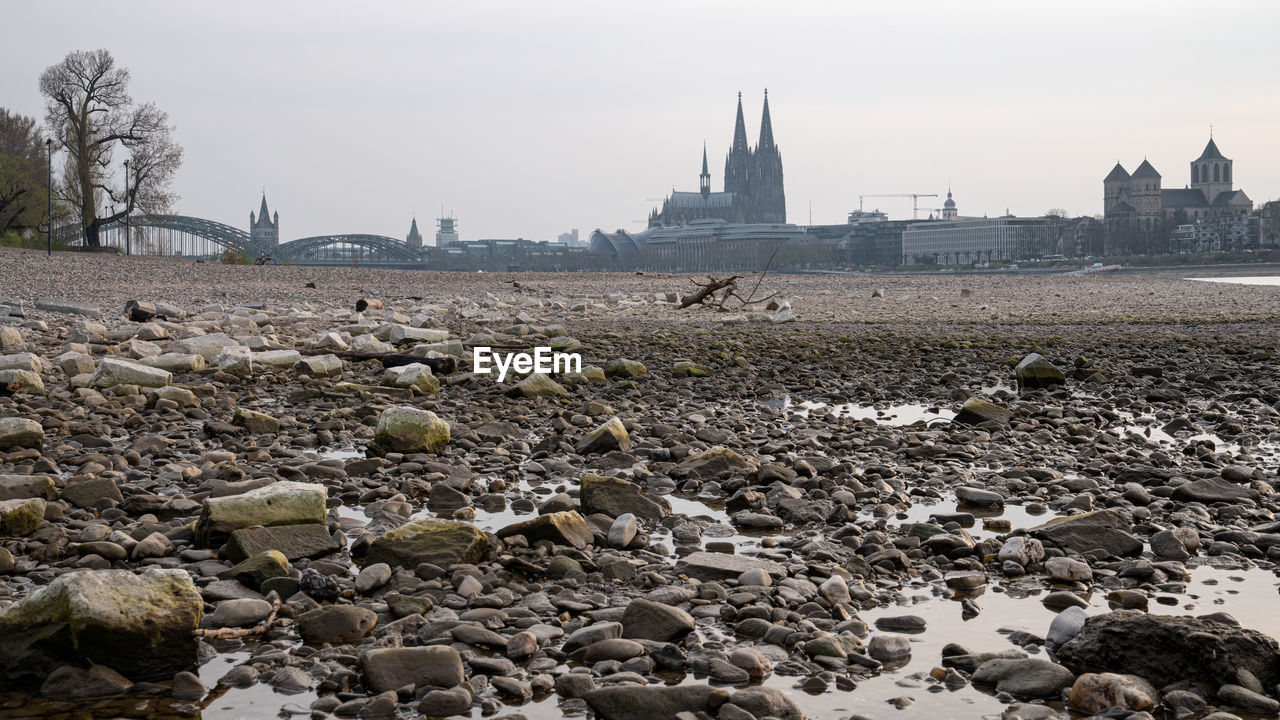 Low water of the rhine river in cologne, drought in germany