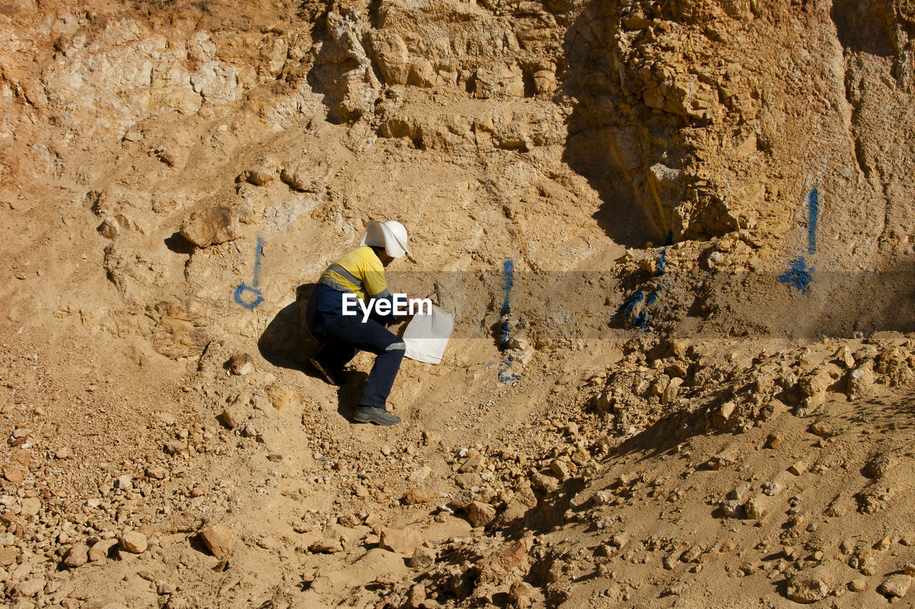 High angle view of man on rock