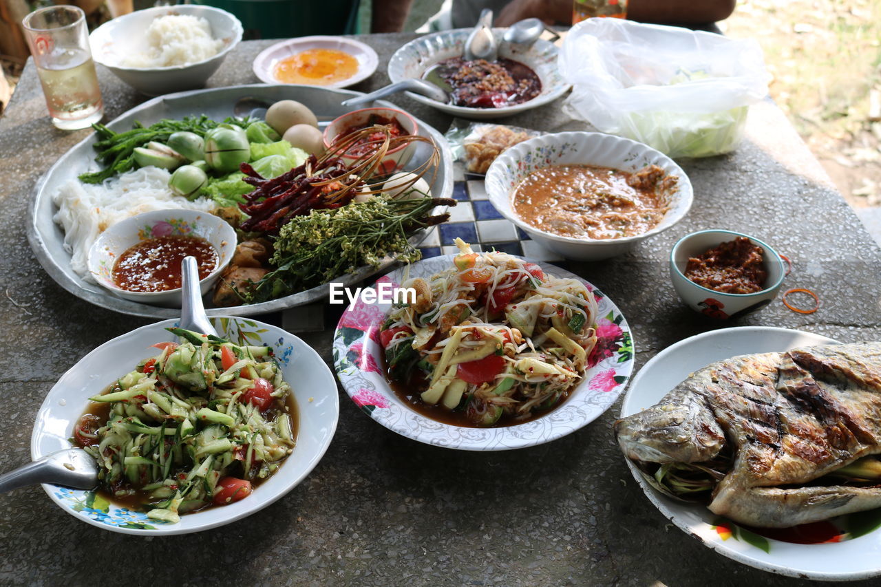 High angle view of meal served on table