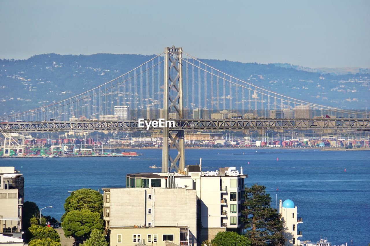 View of suspension bridge over sea