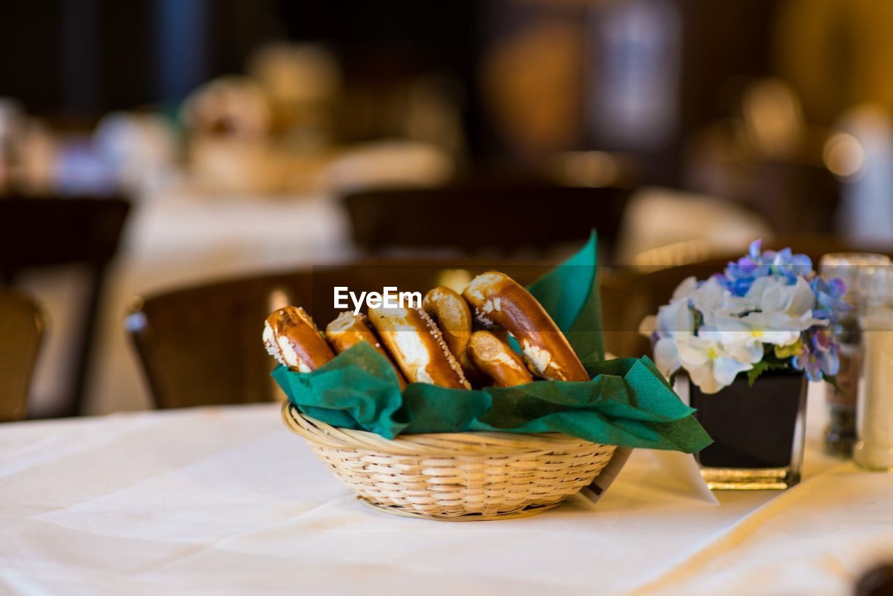 Food in basket on table