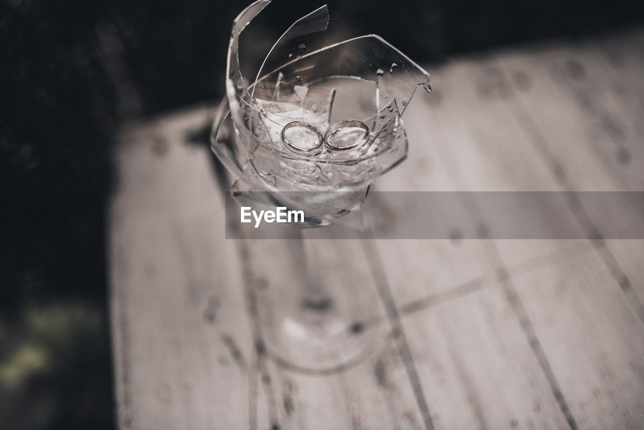 high angle view of glass on table