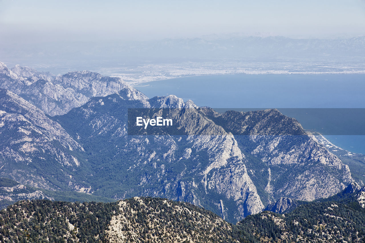 Aerial view of snowcapped mountains against sky