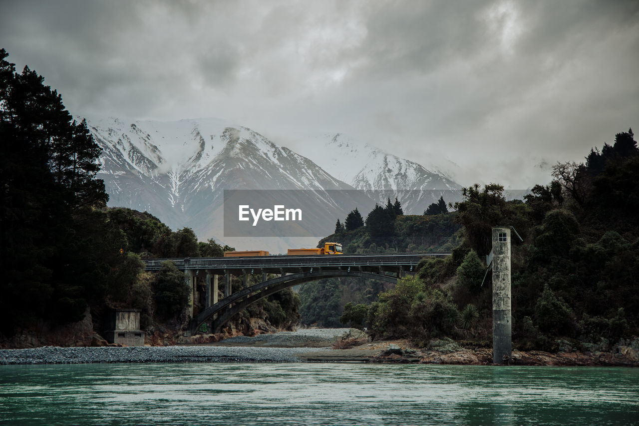 Scenic view of river by snowcapped mountains against sky