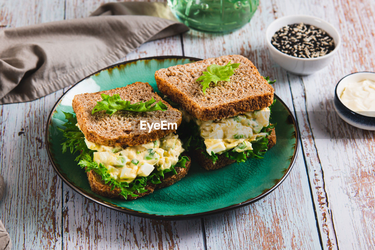 high angle view of food served in plate on table