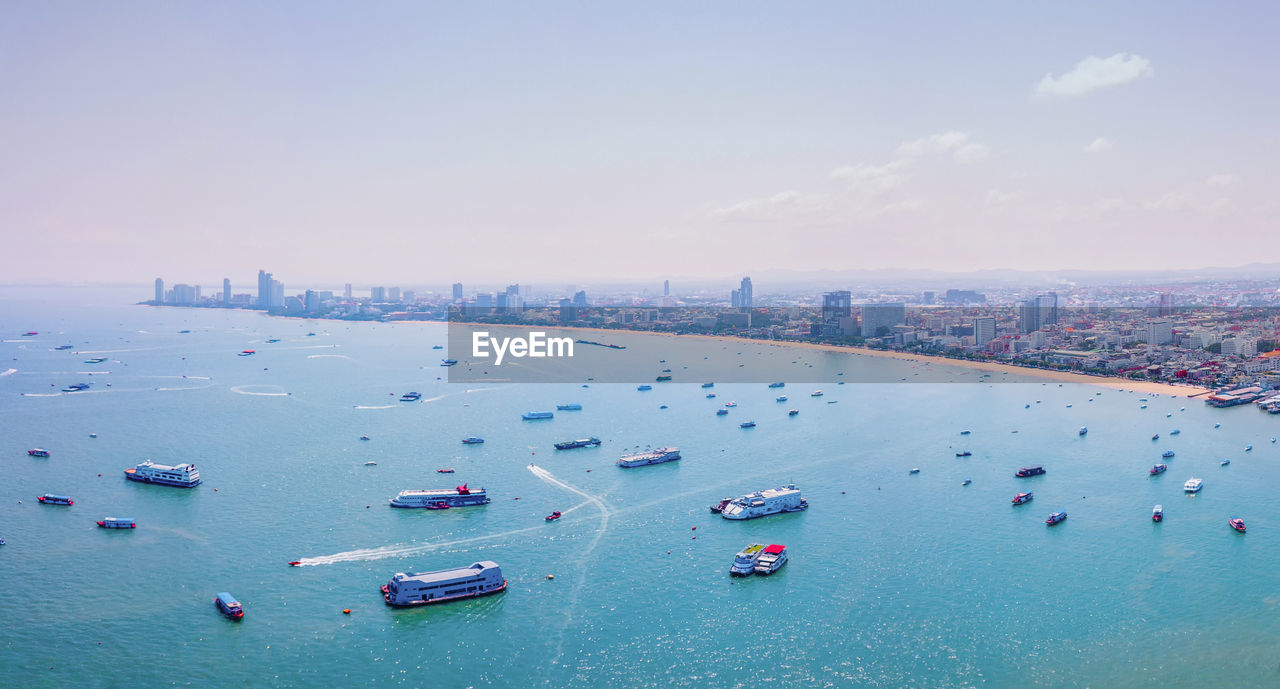 High angle view of boats in sea