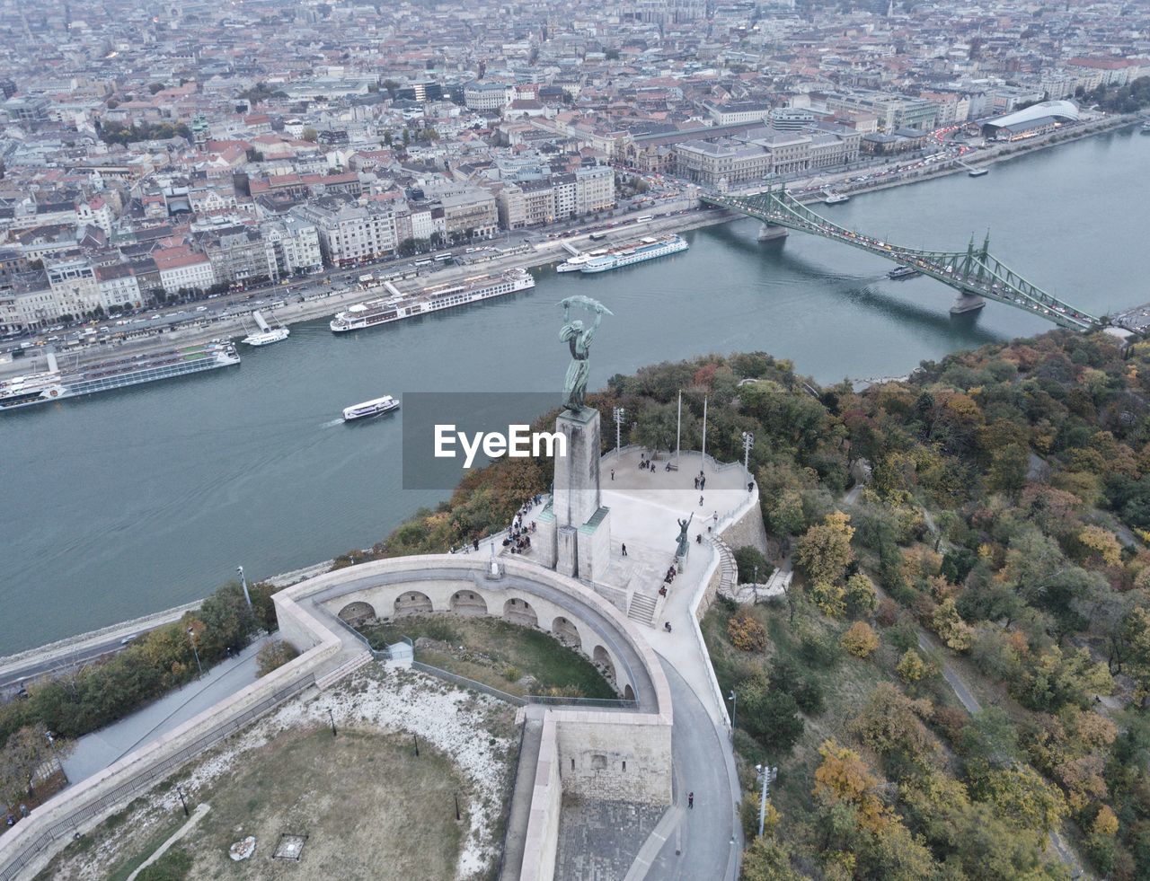 High angle view of danube river by cityscape