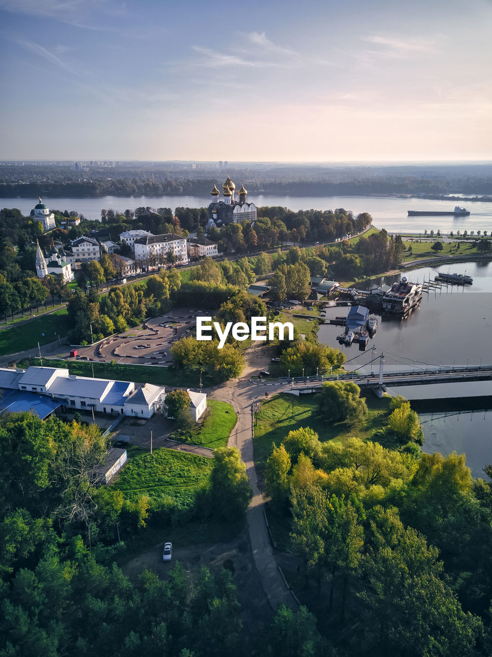 Aerial view of park at strelka with assumption cathedral by volga and kotorosl river crossing, yaroslavl, russia