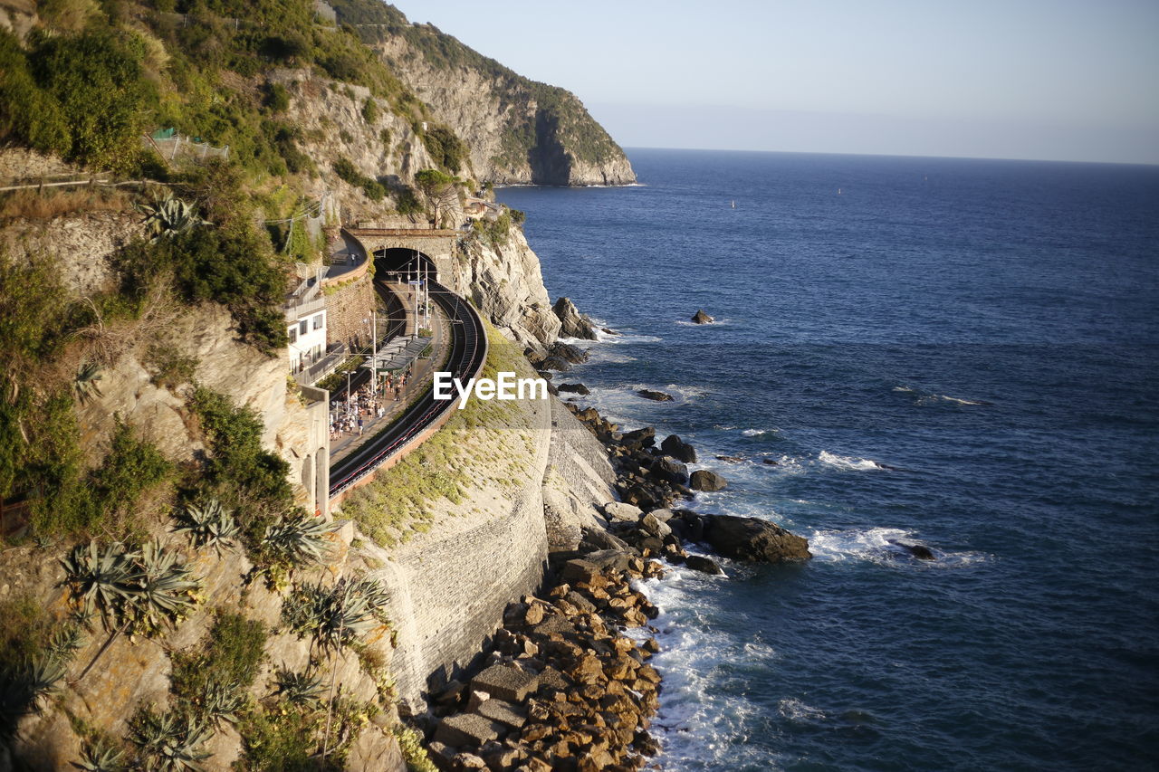 HIGH ANGLE VIEW OF SEA BY BEACH AGAINST SKY