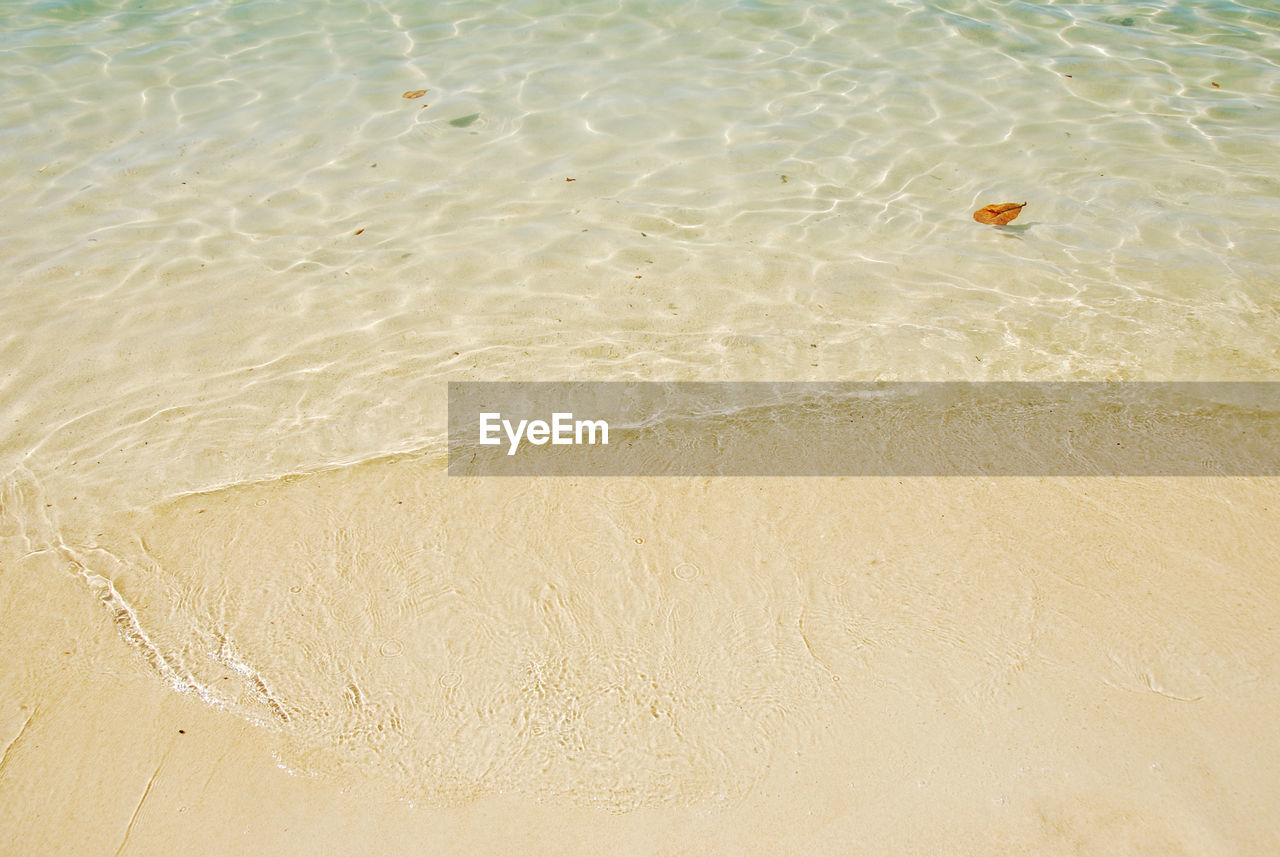 HIGH ANGLE VIEW OF RIPPLED WATER ON BEACH