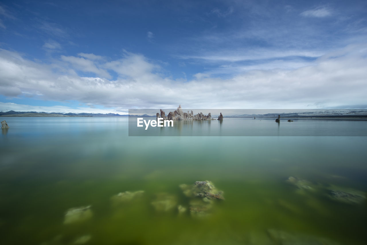 An algae rich green glowing mono lake in northern california