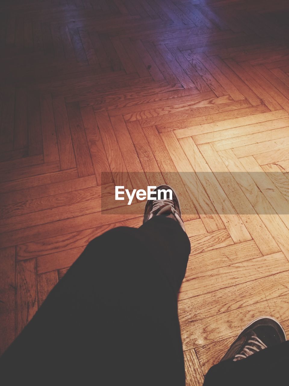 Low section of person on hardwood floor