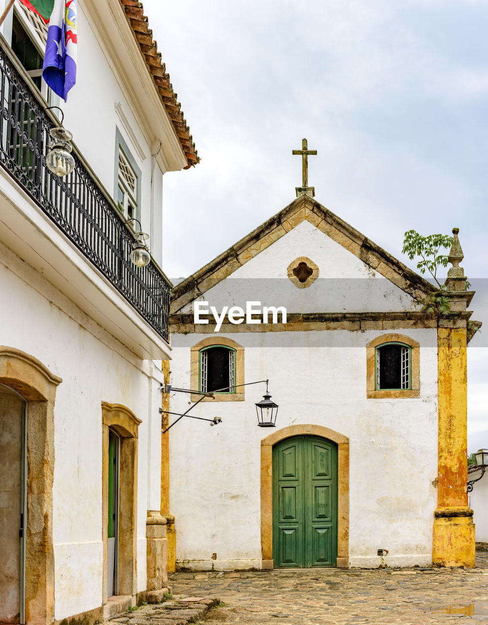 Historic church and street in colonial style at paraty city