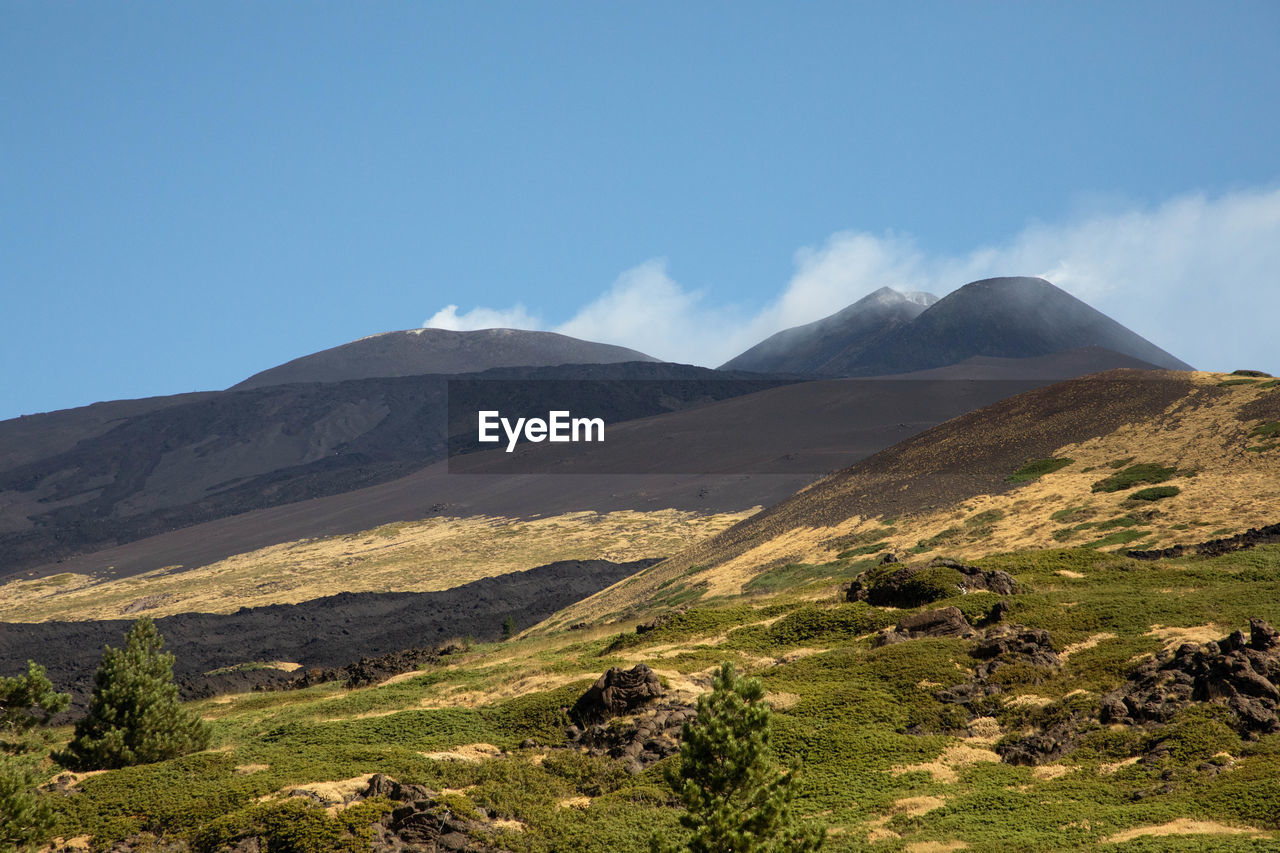 Etna and green wood landscape between lava flows and blue sky - holidays and adventures in sicily.