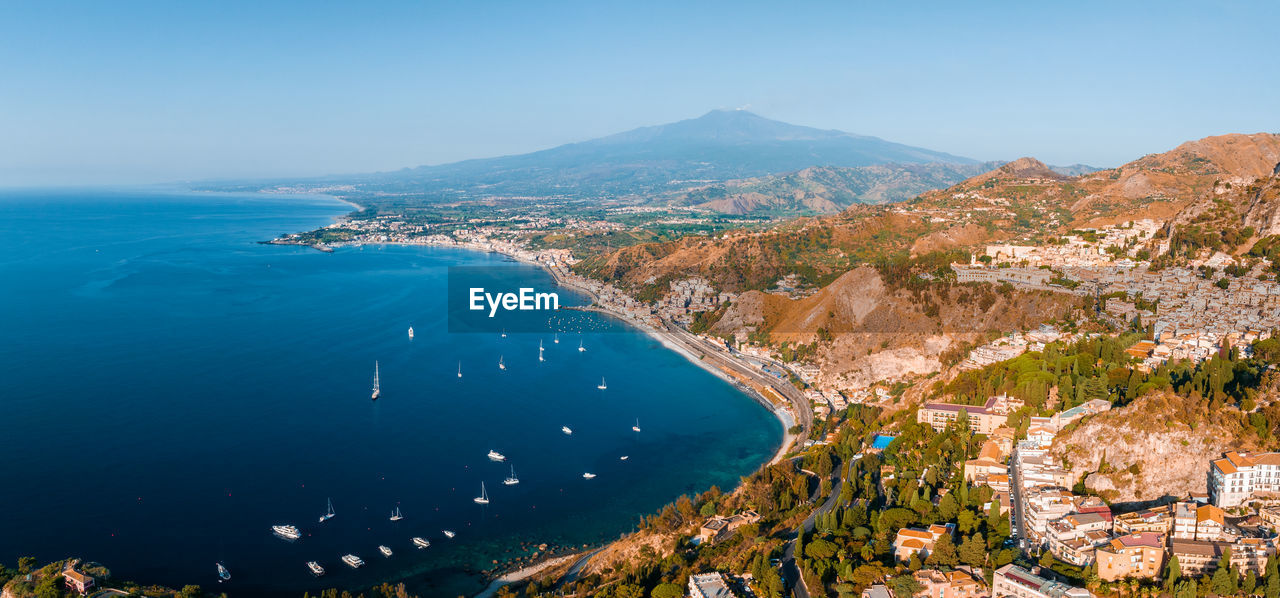 Panoramic aerial view of isola bella island and beach in taormina.