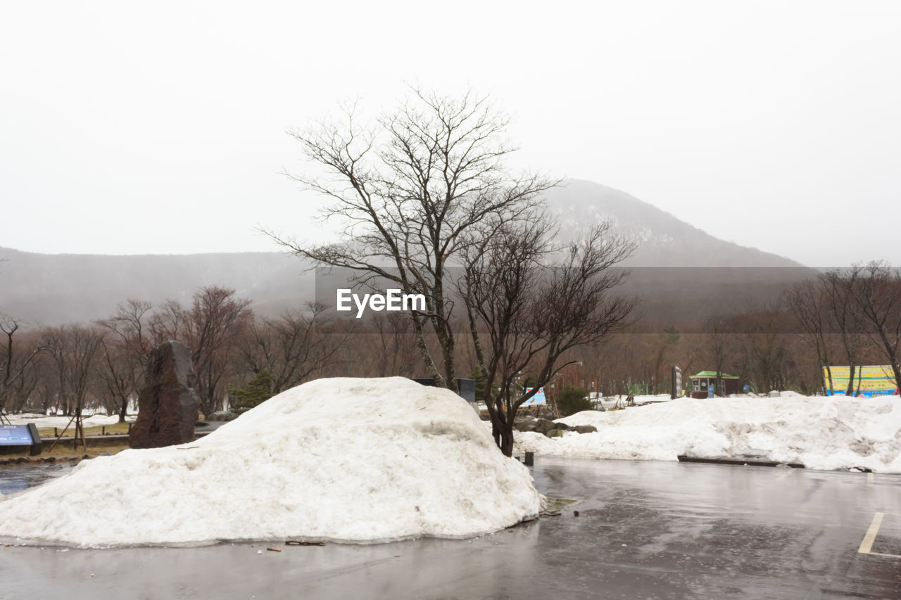 BARE TREES ON SNOW COVERED LANDSCAPE AGAINST SKY