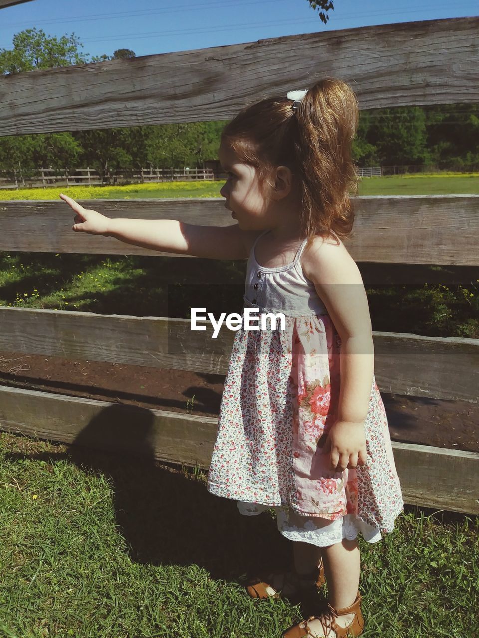 Girl pointing while standing at ranch