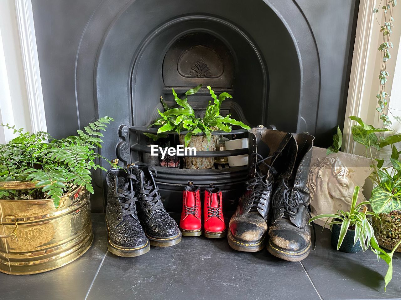 Close-up of potted plants in front of fireplace and dr marten boots. pregnancy announcement.