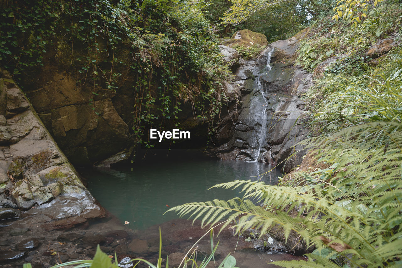 SCENIC VIEW OF WATERFALL AMIDST ROCKS