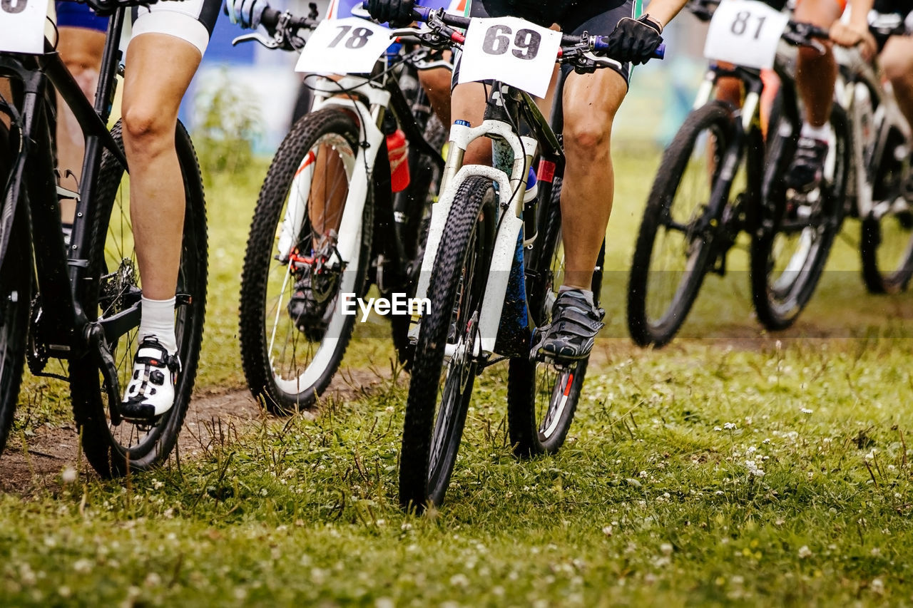 Low section of people riding bicycle on grass