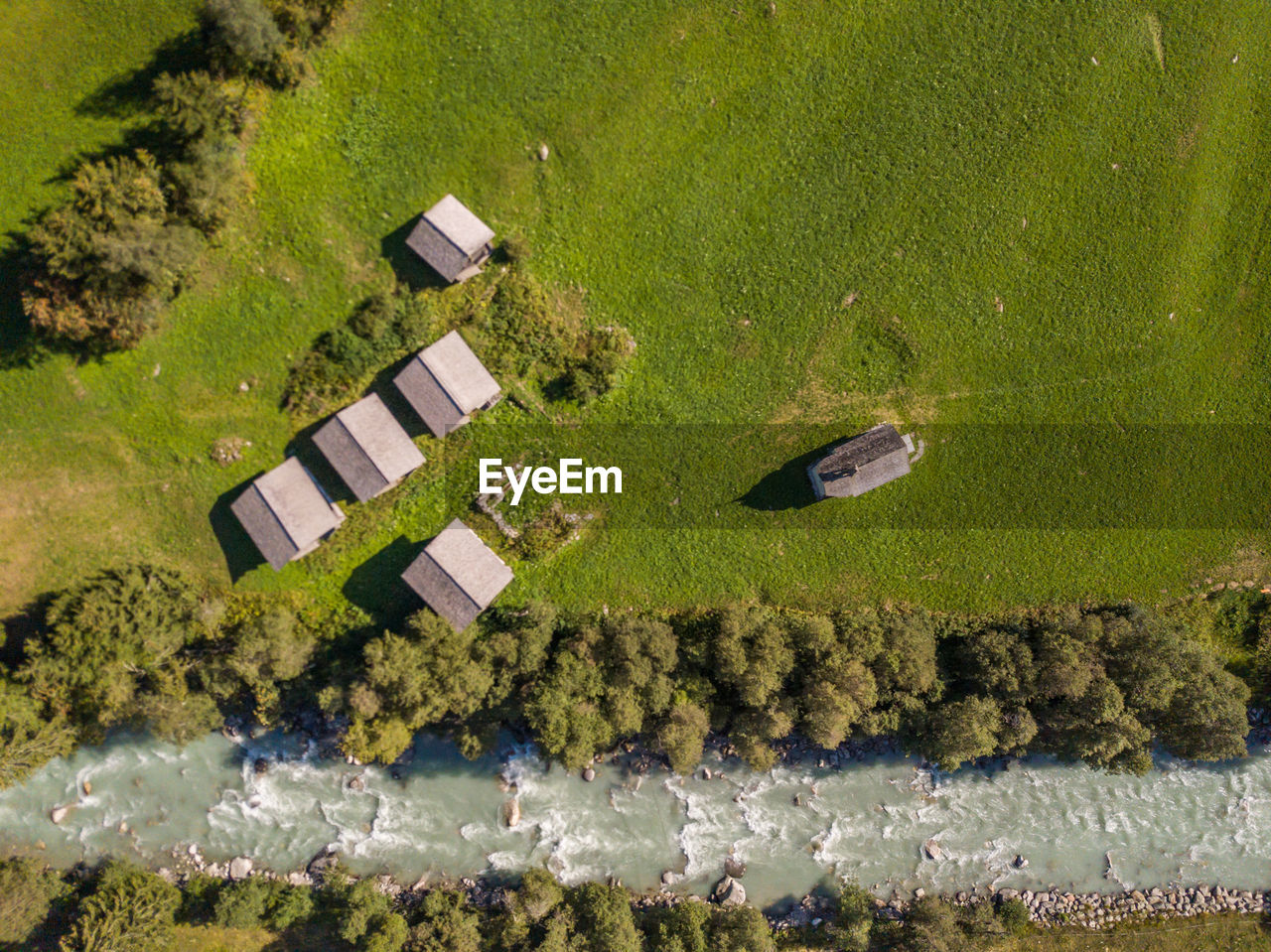 HIGH ANGLE VIEW OF HOUSES ON FIELD AGAINST TREES