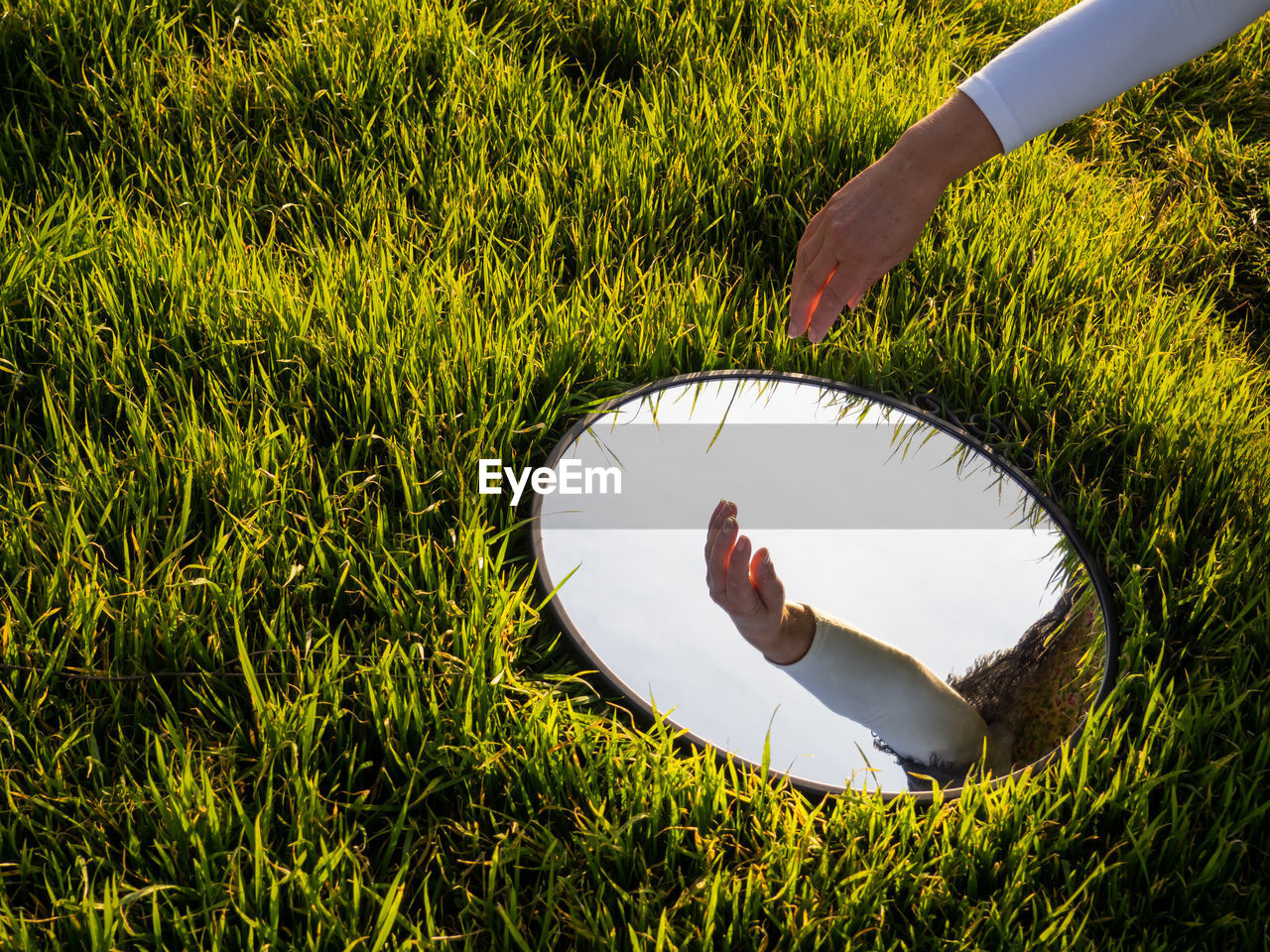 Mirror on grassy field with reflection of cropped hand