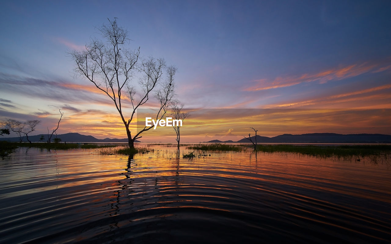 Scenic view of lake against sky during sunset