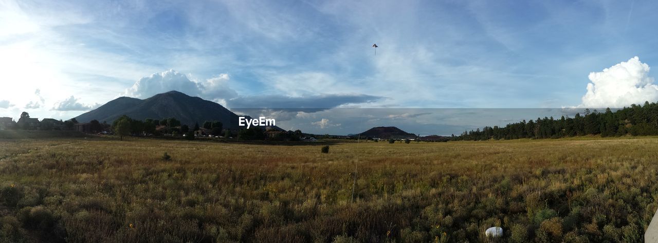 PANORAMIC SHOT OF LAND AND MOUNTAINS AGAINST SKY