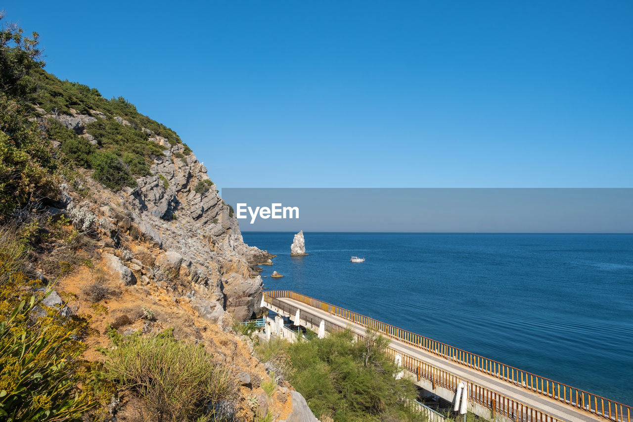 Scenic view of bay against clear blue sky