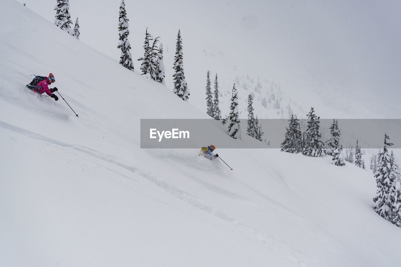 People skiing on snowcapped mountain